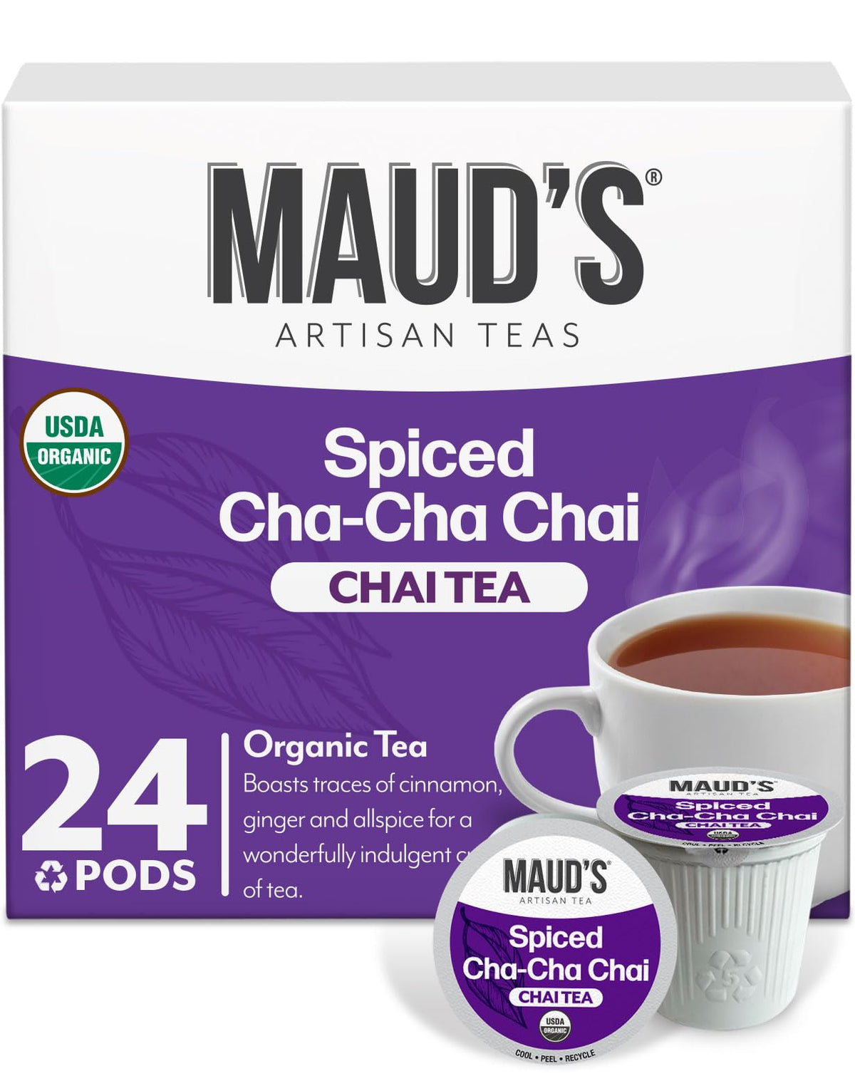 Maud's Organic chai tea pods packaging, 24ct, ideal for home brewing
