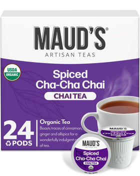 Maud's Organic chai tea pods packaging, 24ct, ideal for home brewing
