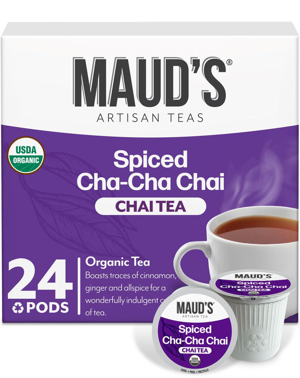 Maud's Organic chai tea pods packaging, 24ct, ideal for home brewing