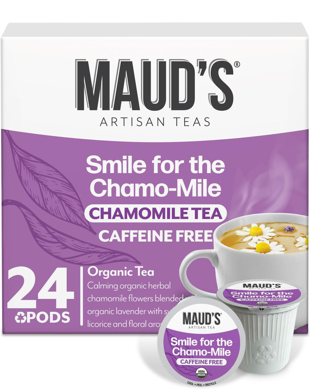Maud's organic chamomile lavender tea pods in box for calming evenings