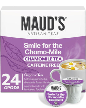 Maud's organic chamomile lavender tea pods in box for calming evenings