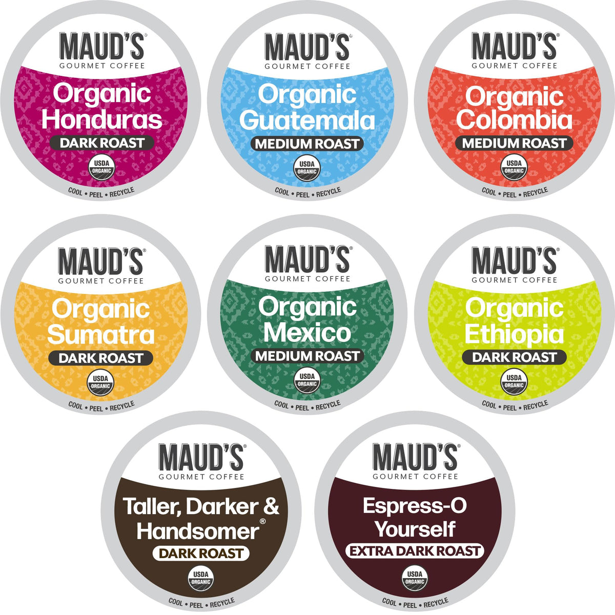 Maud's Organic Variety Pack display for eight flavors for Keurig brewers