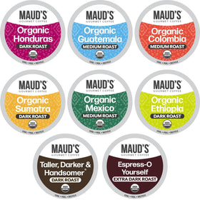 Maud's Organic Variety Pack display for eight flavors for Keurig brewers