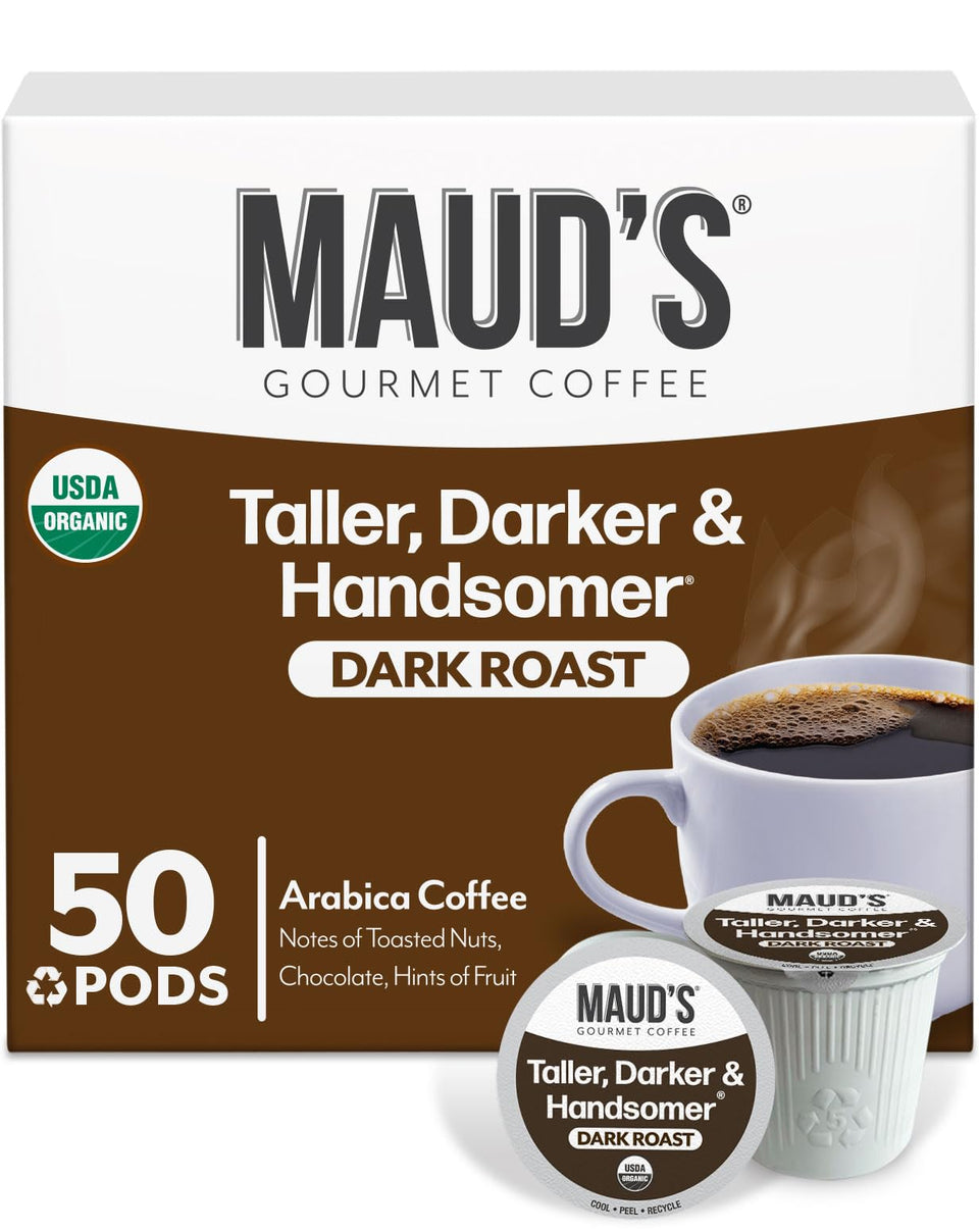 Maud's Organic Dark Roast Pods close-up showing rich aroma and silky texture.
