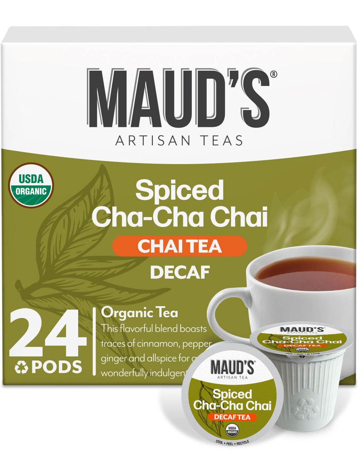 Maud's Organic Decaf Chai Tea Pod brew delivers rich aroma for a comforting cup.