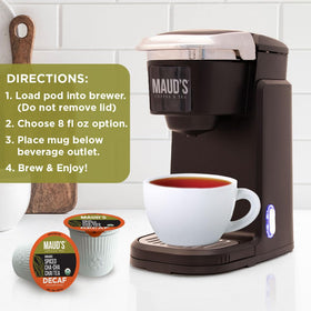 Maud's Organic Decaf Chai Tea Pod packaging highlights sustainability.