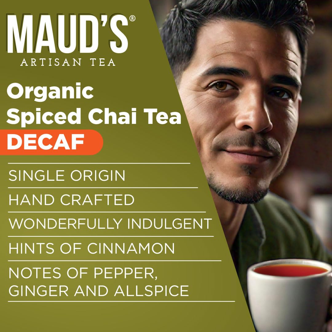 Maud's Organic Decaf Chai Tea Pod steam rises over a relaxing mug.