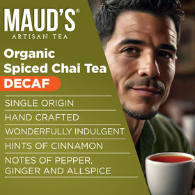 Maud's Organic Decaf Chai Tea Pod steam rises over a relaxing mug.