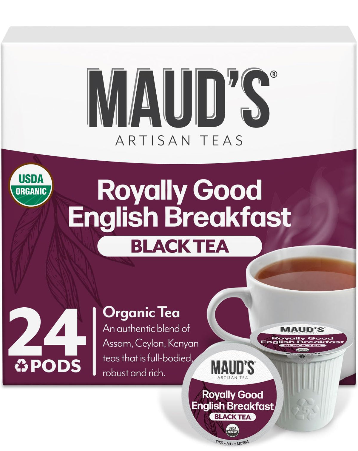 Maud's Organic English Breakfast tea pods packshot highlighting premium packaging and convenience.