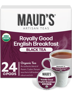Maud's Organic English Breakfast tea pods packshot highlighting premium packaging and convenience.