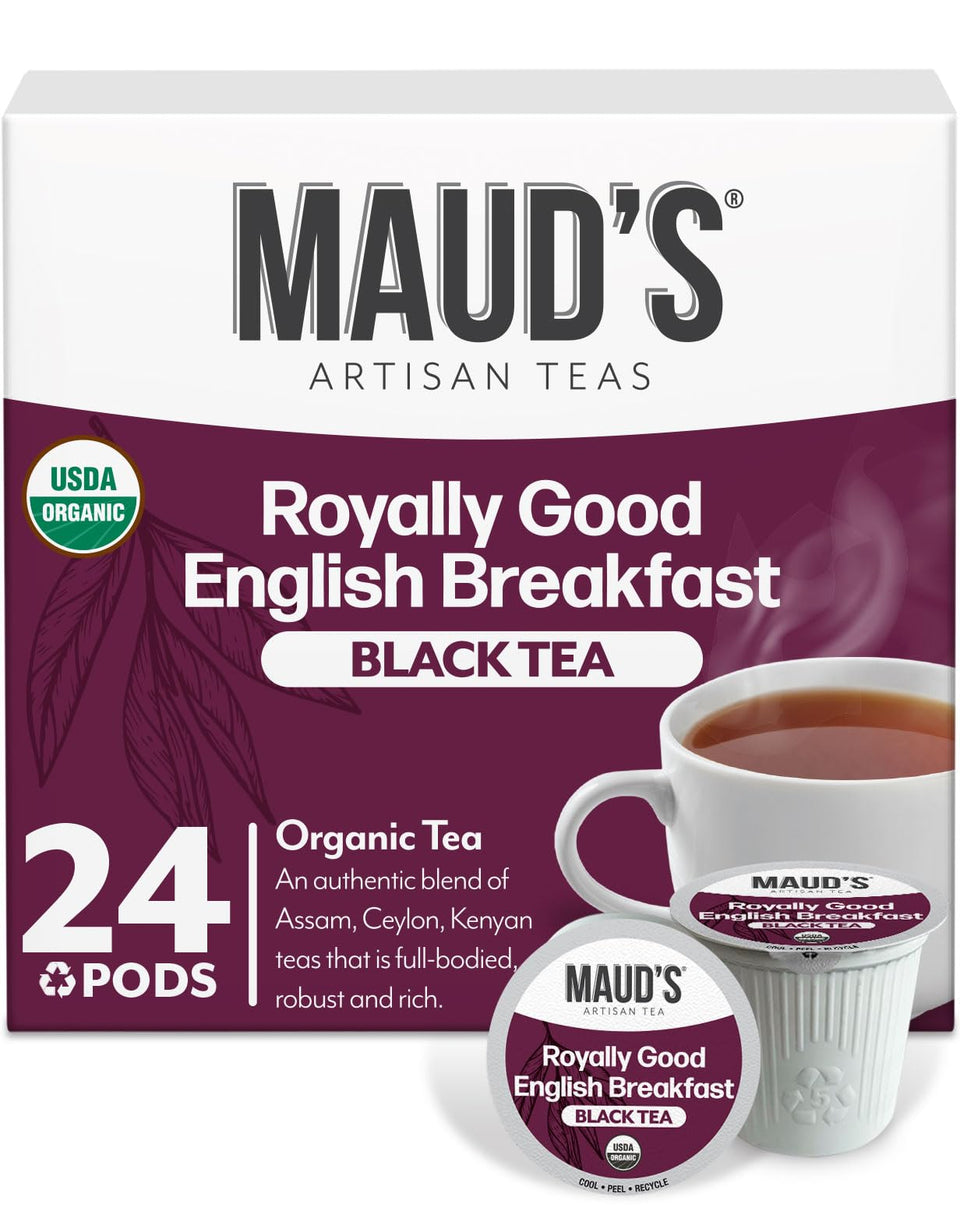 Maud's Organic English Breakfast tea pods packshot highlighting premium packaging and convenience.