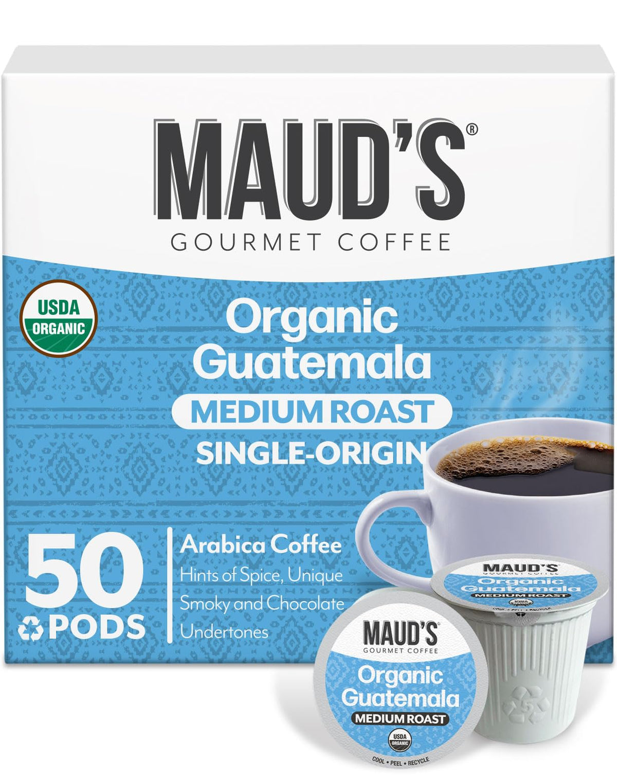 Maud's Organic Guatemalan coffee pods box front highlighting Fair Trade origin and premium packaging.