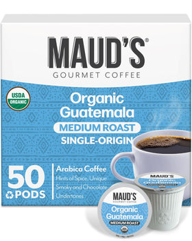Maud's Organic Guatemalan coffee pods box front highlighting Fair Trade origin and premium packaging.