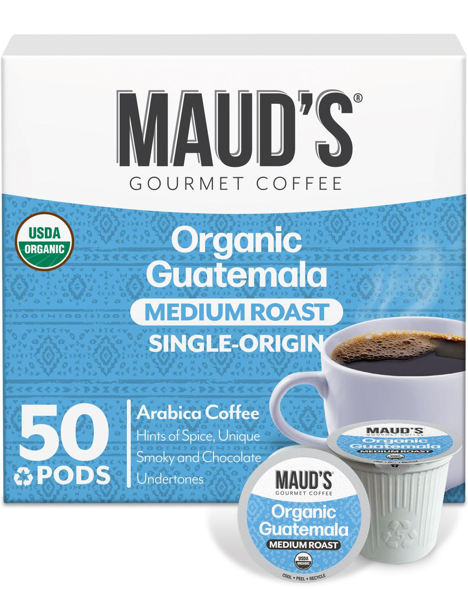 Maud's Organic Guatemalan coffee pods box front highlighting Fair Trade origin and premium packaging.