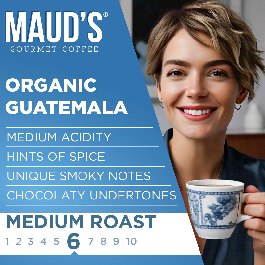 Maud's Organic Guatemalan coffee in a cup showing full-bodied, balanced flavor.