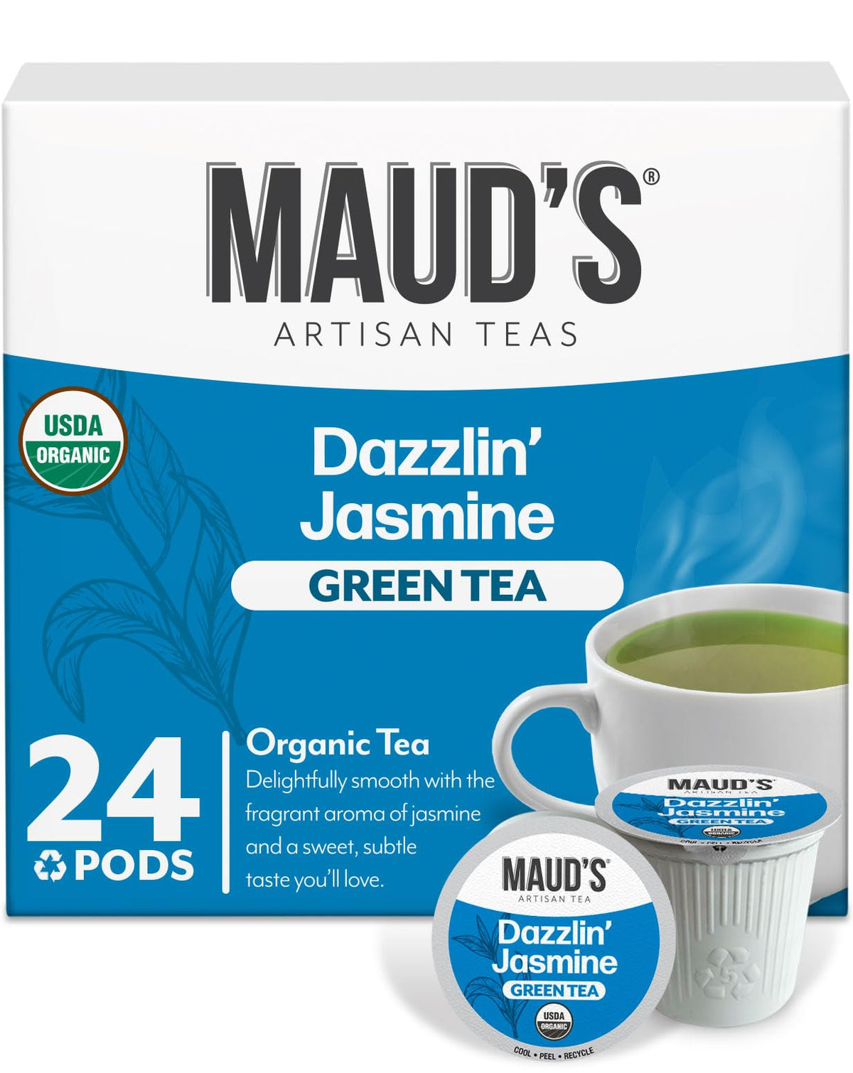 Maud's Organic Jasmine Green Tea Pods in box packaging promote convenient, cafe-quality brews at home.