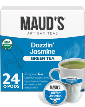 Maud's Organic Jasmine Green Tea Pods in box packaging promote convenient, cafe-quality brews at home.