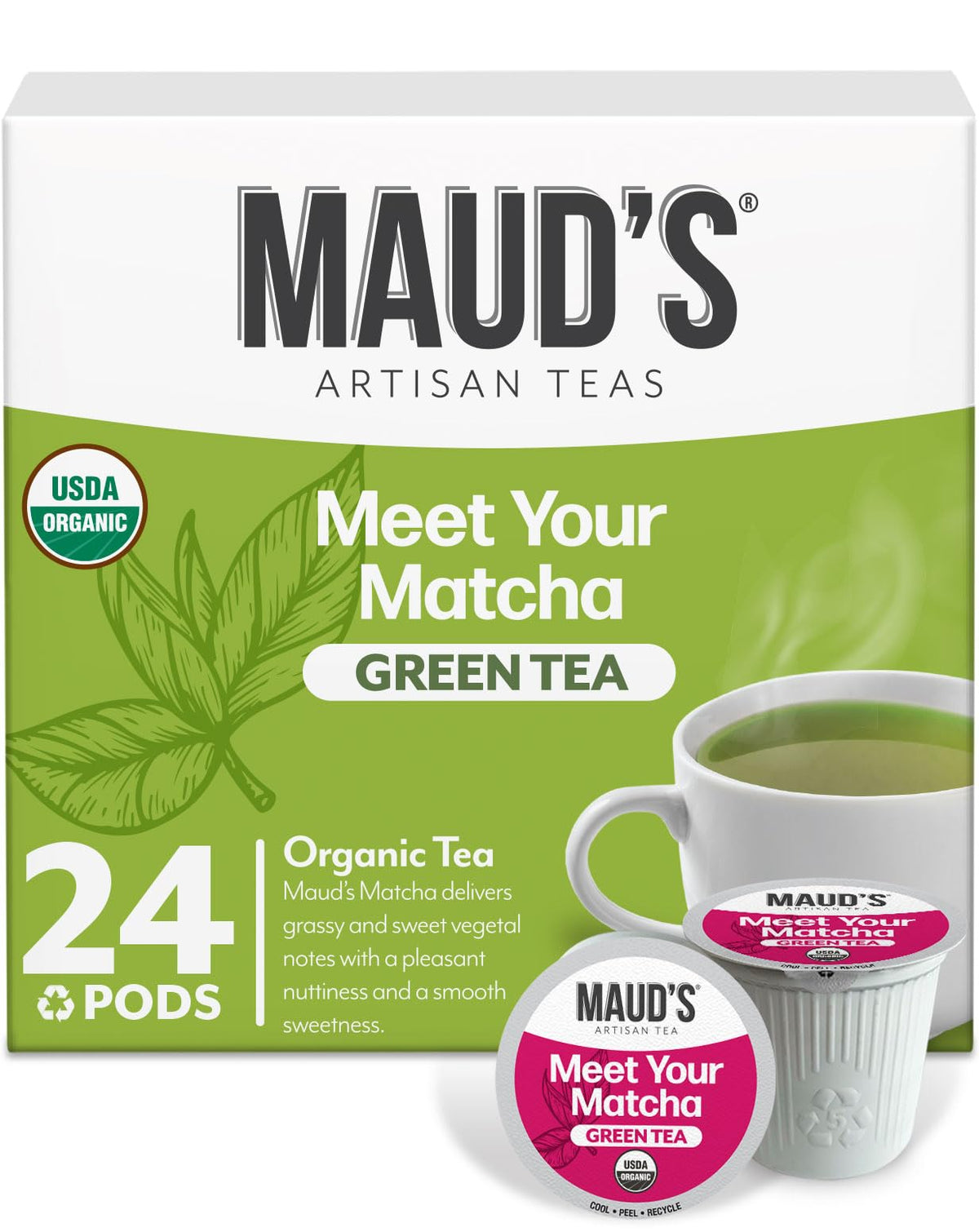 Maud's Organic Matcha Pods pack shot highlighting convenient single-serve brewing