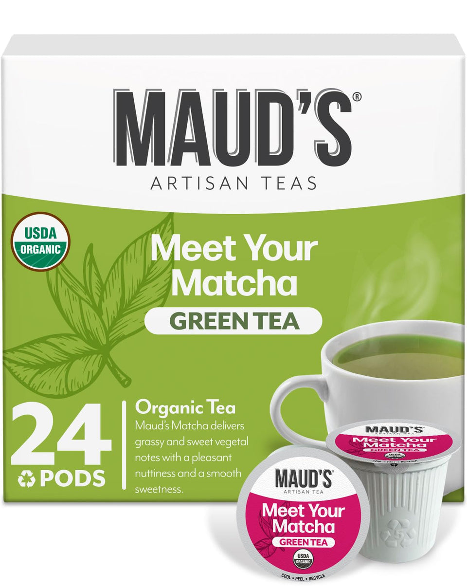 Maud's Organic Matcha Pods pack shot highlighting convenient single-serve brewing