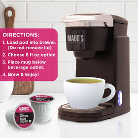 Maud's packaging promoting eco-friendly, mess-free tea moments