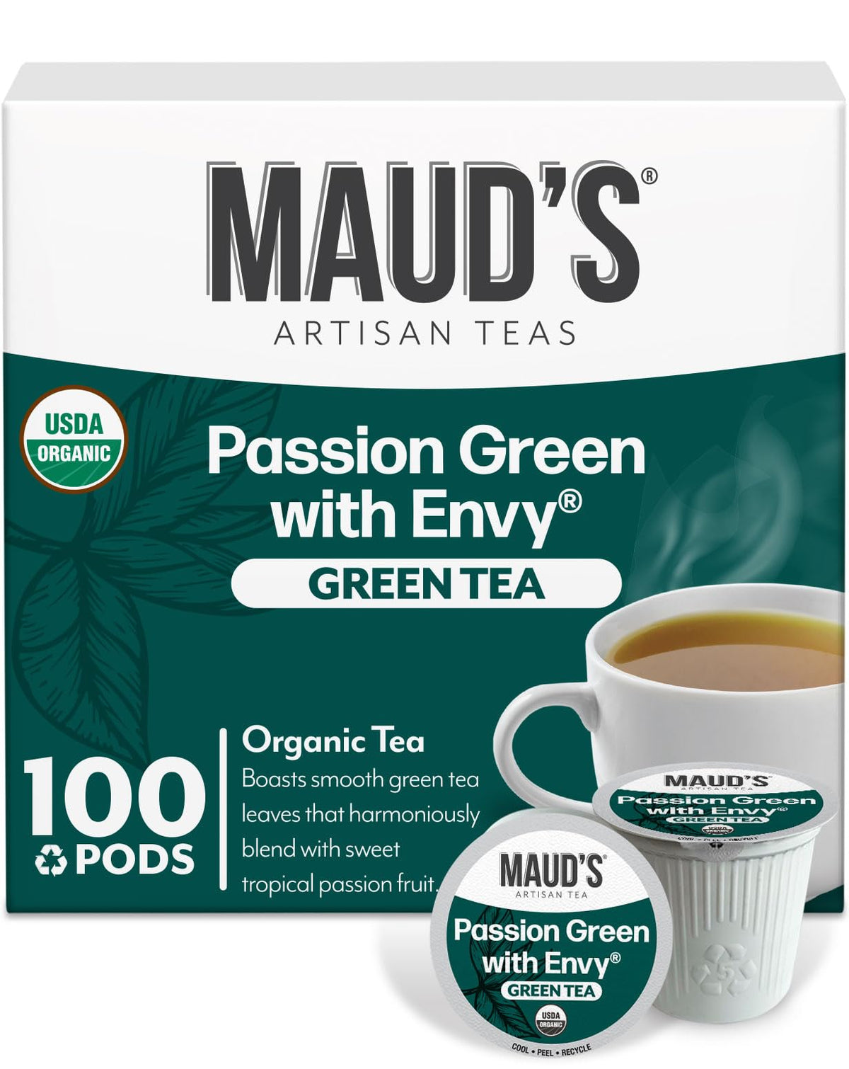 Maud's Organic Passion Green Tea pods brewing a tropical, energizing cup with effortless prep.