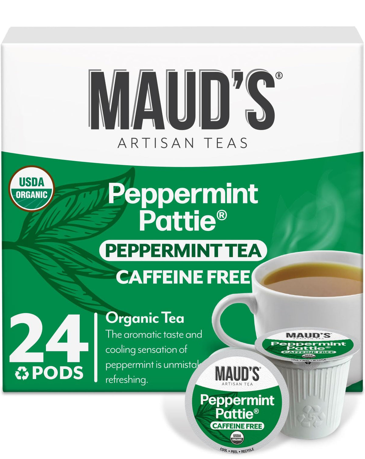 Maud's Organic Peppermint Tea Pods pack shot for easy, caffeine-free tea anytime.