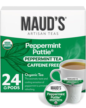 Maud's Organic Peppermint Tea Pods pack shot for easy, caffeine-free tea anytime.