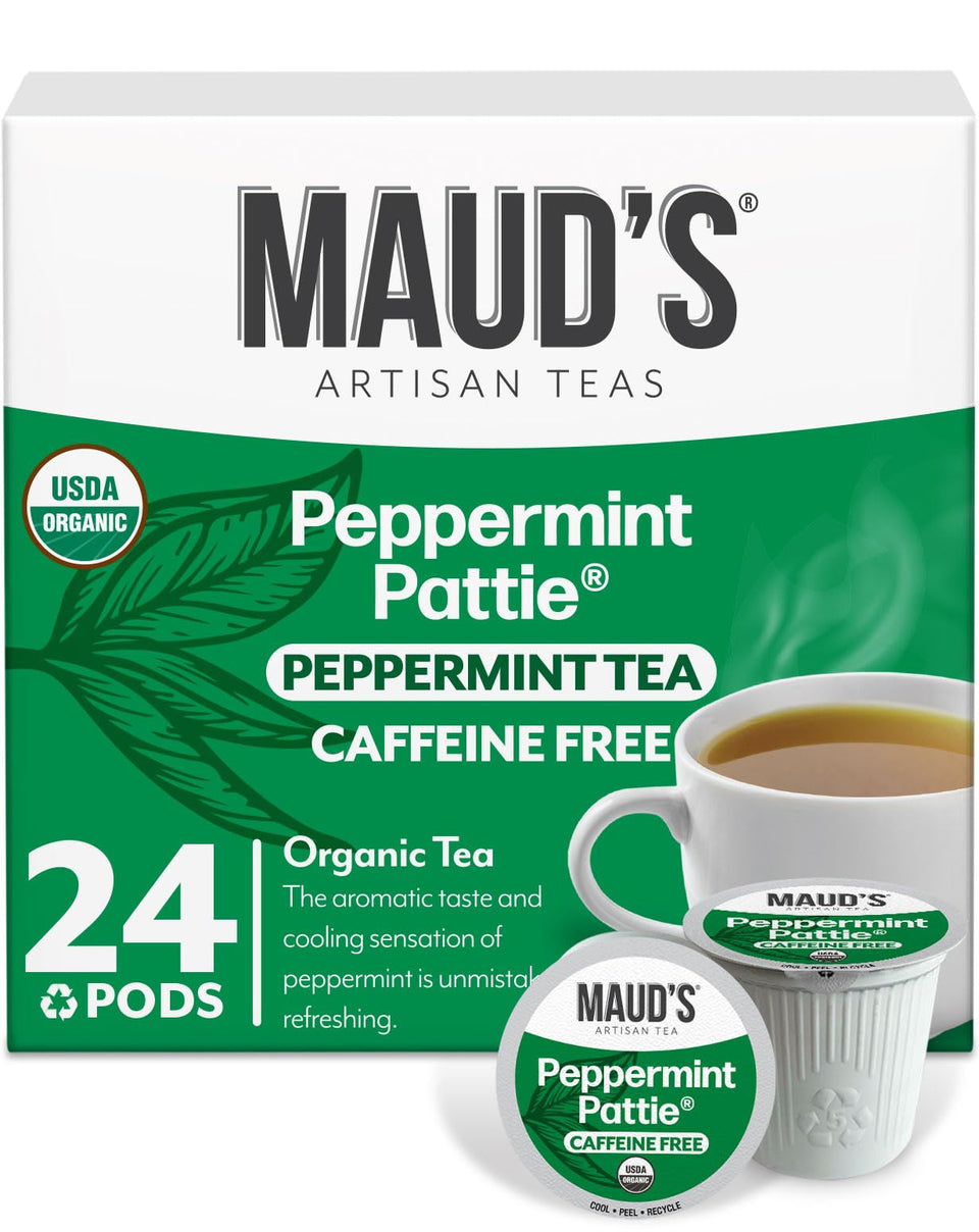 Maud's Organic Peppermint Tea Pods pack shot for easy, caffeine-free tea anytime.