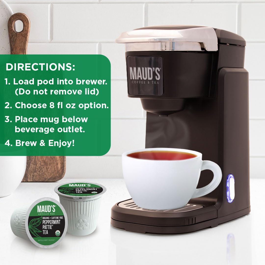 Maud's Organic Peppermint Tea Pods packaging shot, eco-friendly, produced in a solar-powered facility.