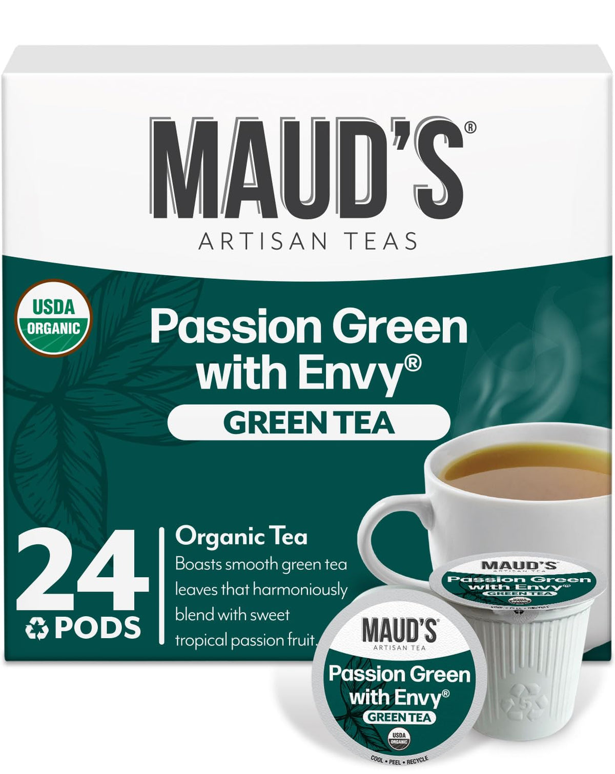 Maud's Passion Green Tea Pods front view showing a cafe-grade brew with tropical notes