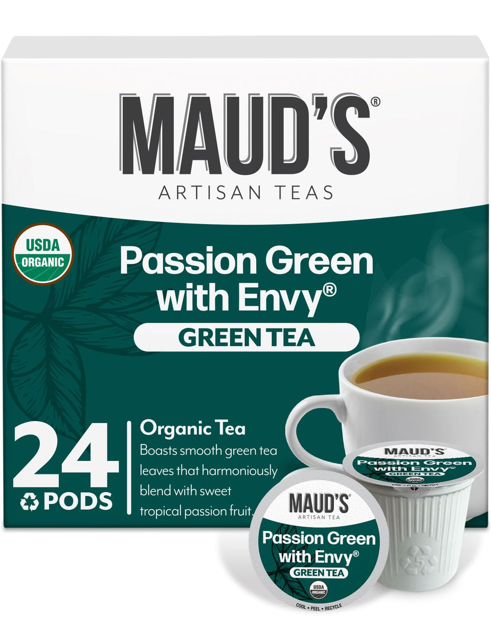 Maud's Passion Green Tea Pods front view showing a cafe-grade brew with tropical notes