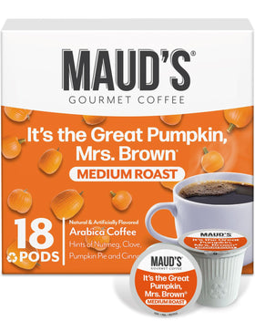 Maud's Pumpkin Spice coffee pods packaging showcases convenient, eco-conscious sourcing.