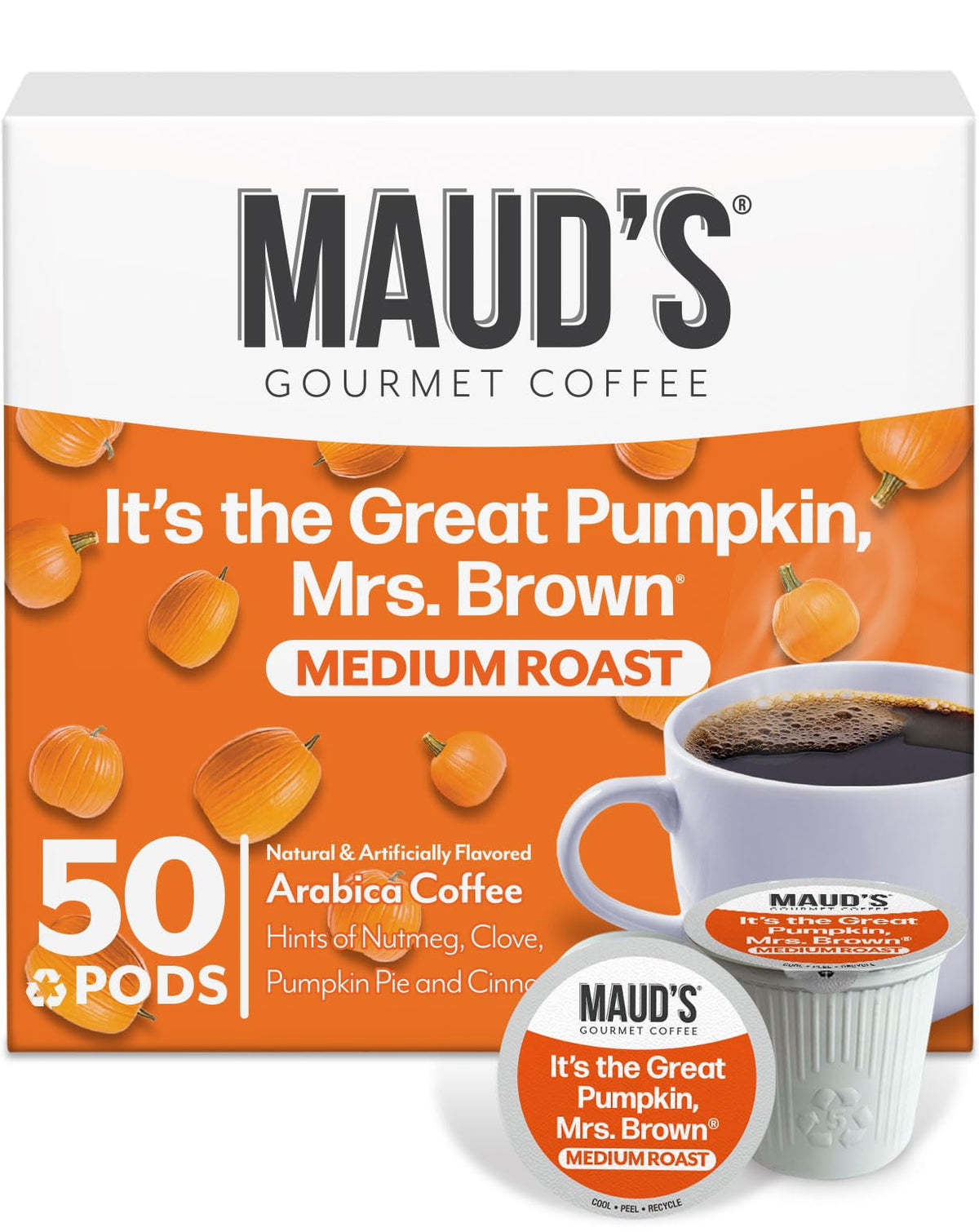 Maud's Pumpkin Spice pods packaging signals festive flavor and convenience.