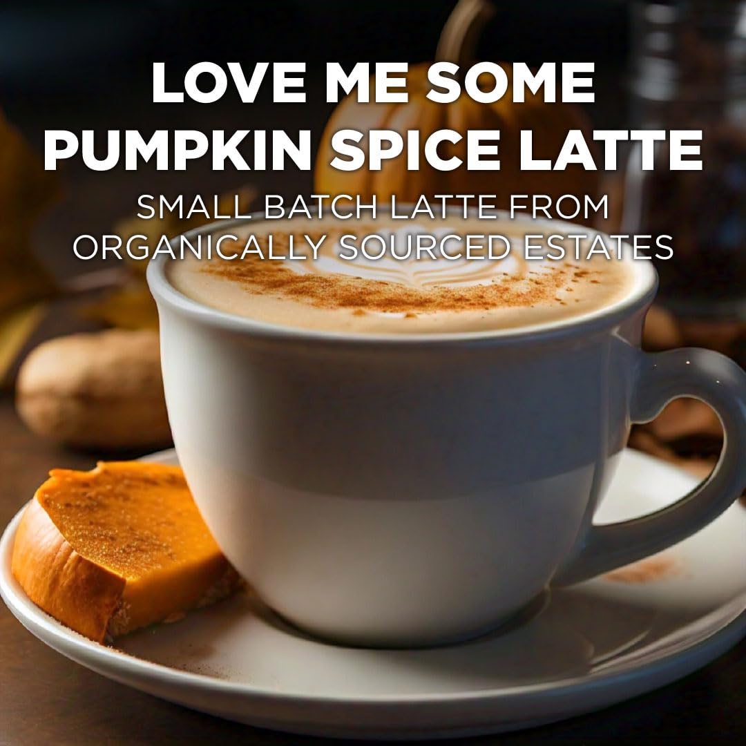 Maud's Pumpkin Spice Latte pods beside a cup showing quick single-serve brewing