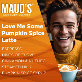 Maud's Pumpkin Spice Latte pods detail highlighting flavor and 100% Arabica beans