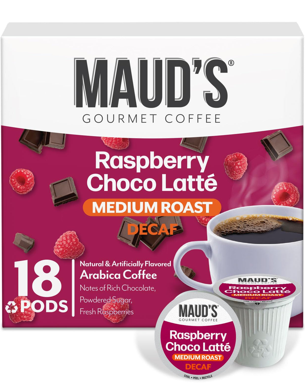Maud's Raspberry Choco Latte pods in pack, easy decaf mornings with fruity chocolate flavor