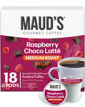 Maud's Raspberry Choco Latte pods in pack, easy decaf mornings with fruity chocolate flavor