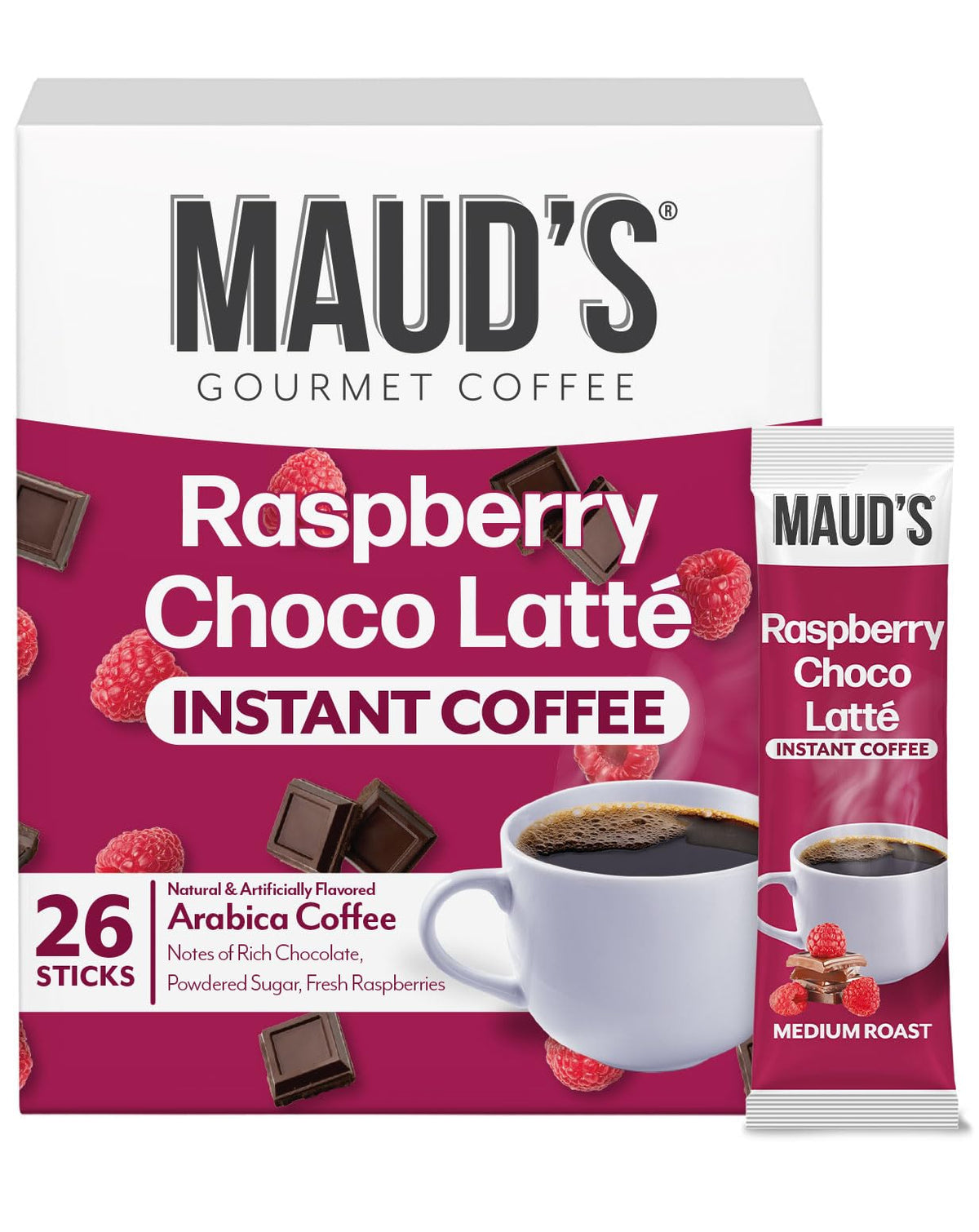 Maud's Raspberry Chocolate Flavored Coffee Pack ready to brew for a quick morning lift.
