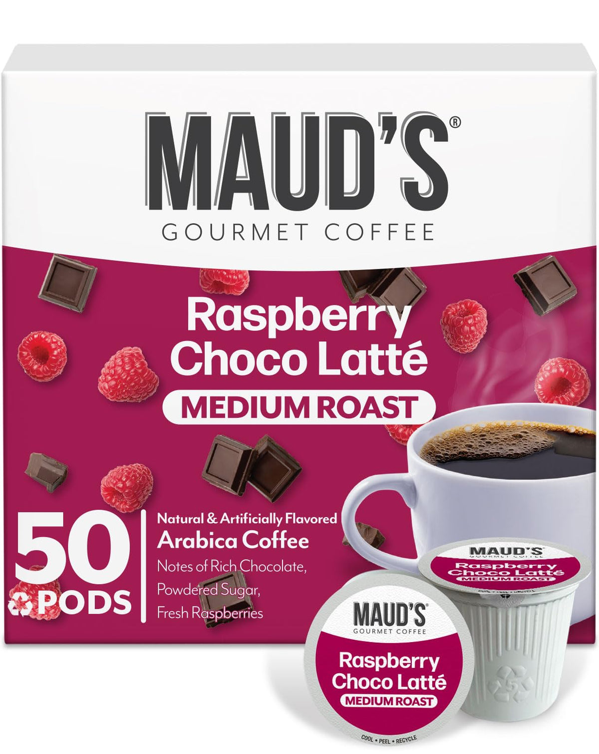 Maud's Raspberry Chocolate pods, aromatic coffee ready to brew.