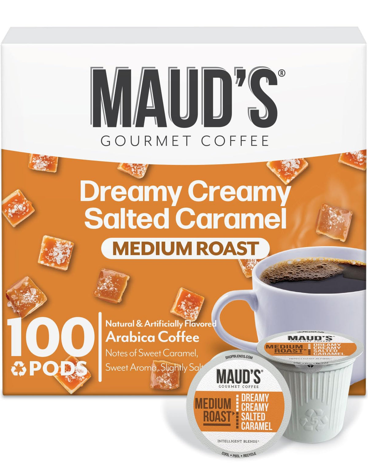 Mauds salted caramel coffee pods pack for convenient home brewing.