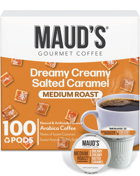 Mauds salted caramel coffee pods pack for convenient home brewing.