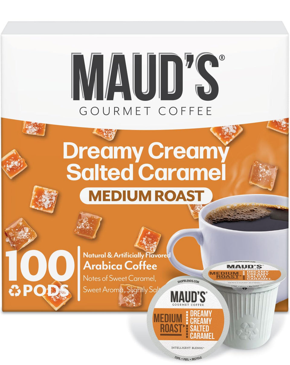 Mauds salted caramel coffee pods pack for convenient home brewing.