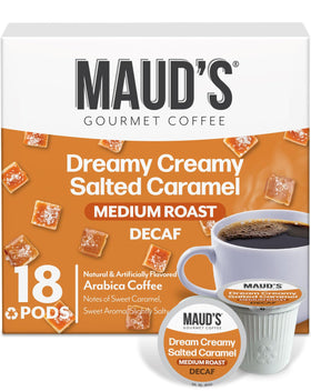 Maud’s Salted Caramel decaf pods in 18-count packaging for a late-day indulgence.