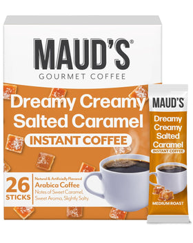 Maud's Salted Caramel Instant Coffee pack front, ready for quick, flavorful mornings.