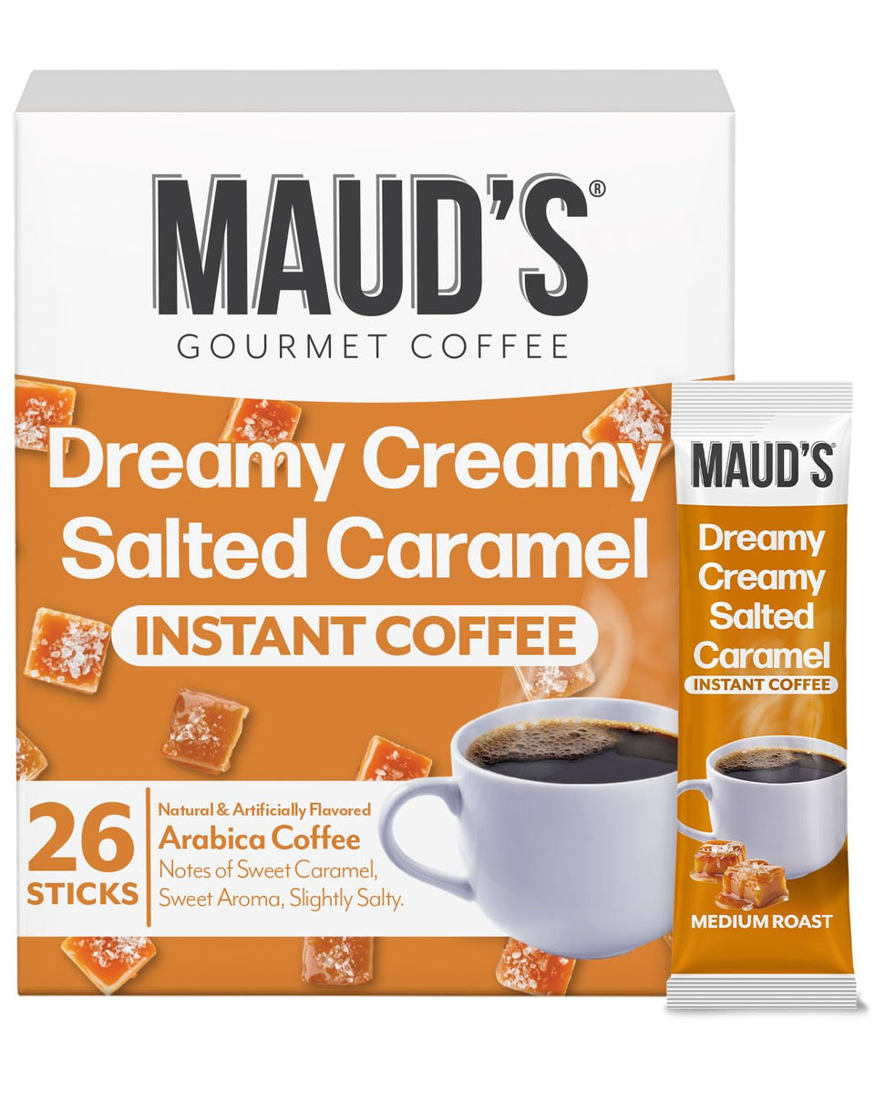 Maud's Salted Caramel Instant Coffee pack front, ready for quick, flavorful mornings.