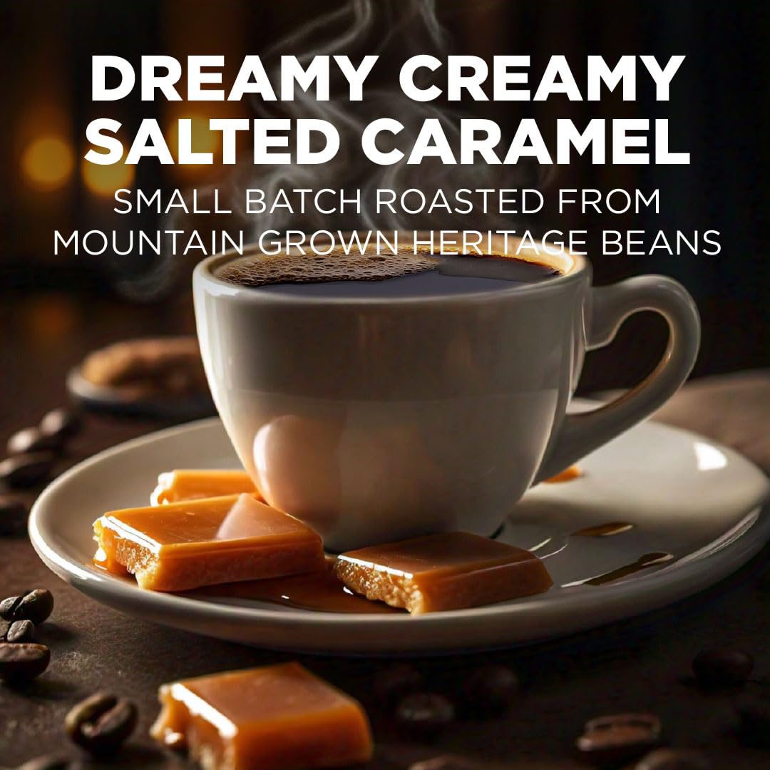 Maud's Salted Caramel instant coffee packet closeup, showcasing premium 100% Arabica beans.