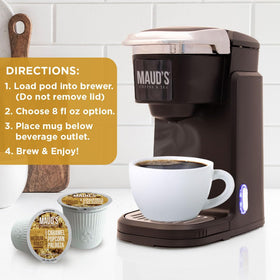 Maud's Caramel Popcorn Coffee Pods produced in a solar-powered facility for sustainability.