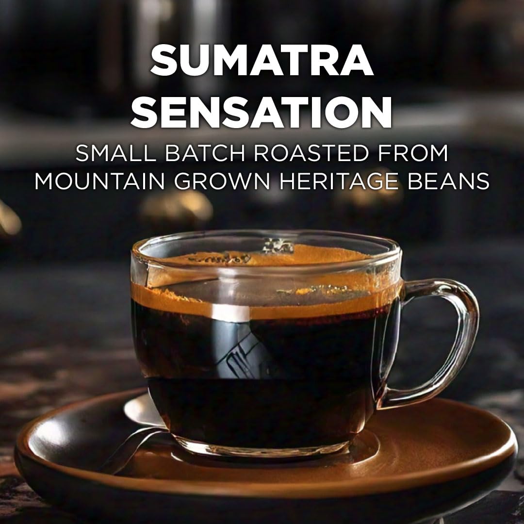 Maud's Sumatra Dark Roast pod close-up releasing bold aroma for a satisfying morning