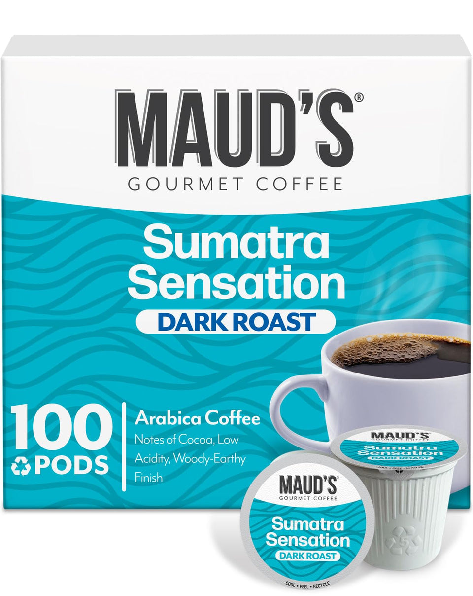 Maud's Sumatra Sensation pod close-up showing rich, earthy aroma and low-acid profile