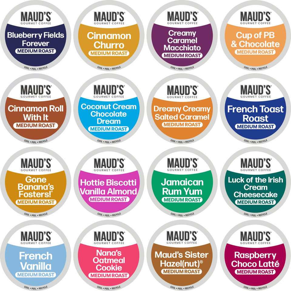 Maud's Super Flavored Coffee Pods variety-pack front view for quick, flavorful mornings.